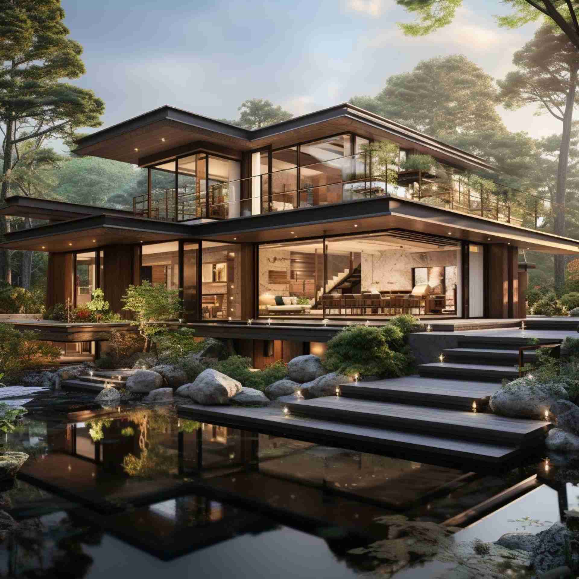 Asian-inspired luxury home surrounded by nature