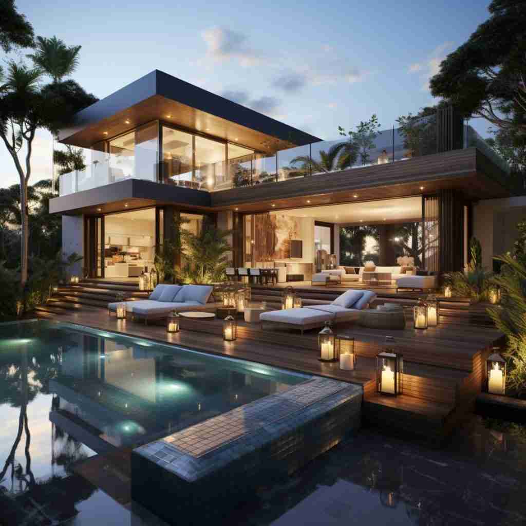 Modern luxury home design with a swimming pool and solar lights
