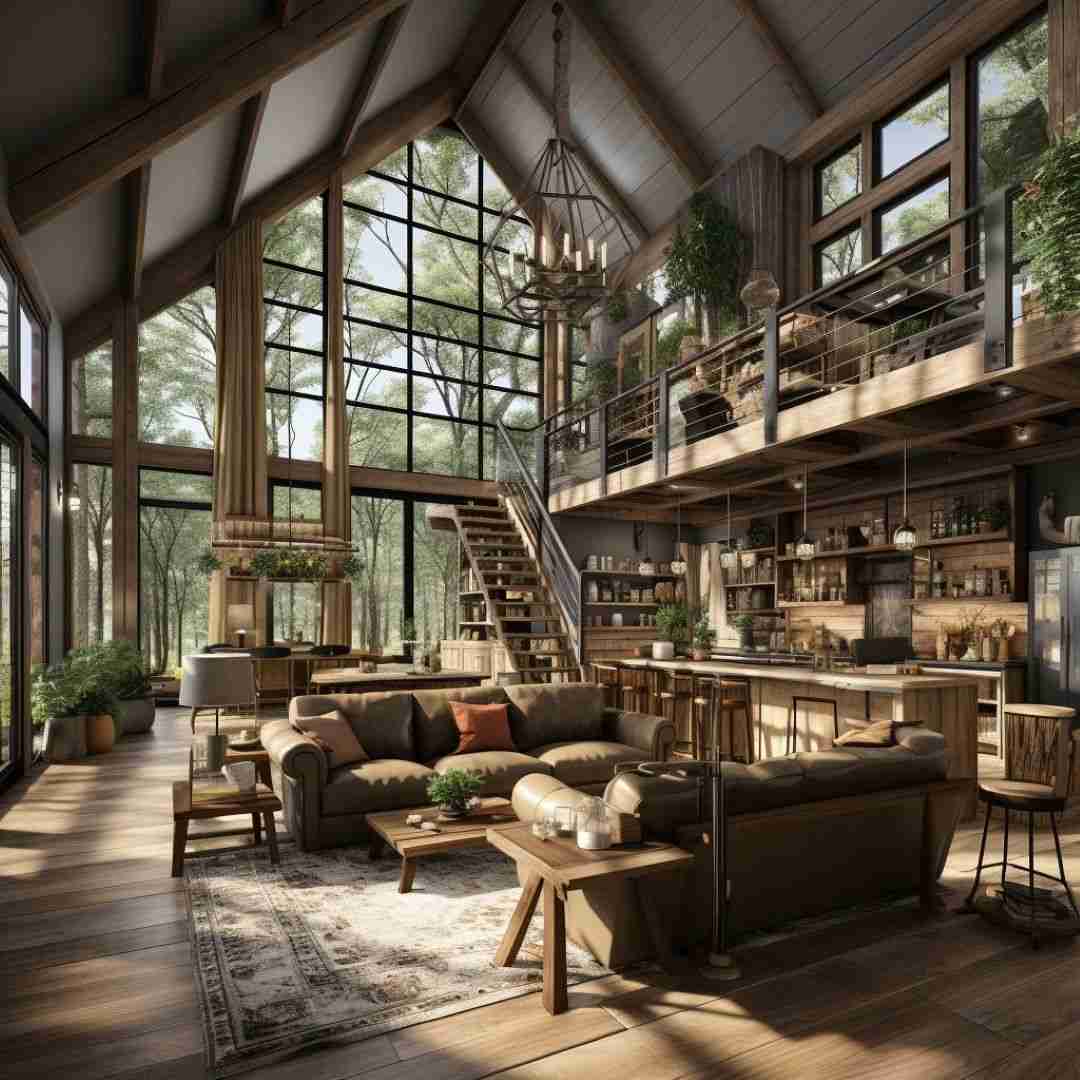 Barndominium farmhouse with wooden flooring and open concept kitchen