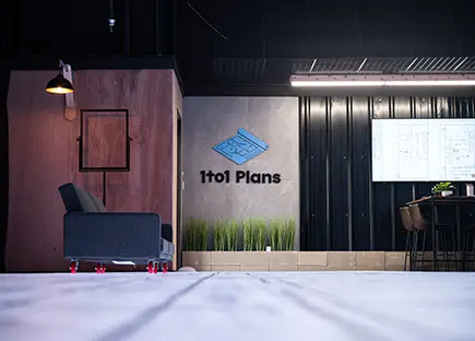 Dallas studio office area with a discussion table and floor plan layout display
