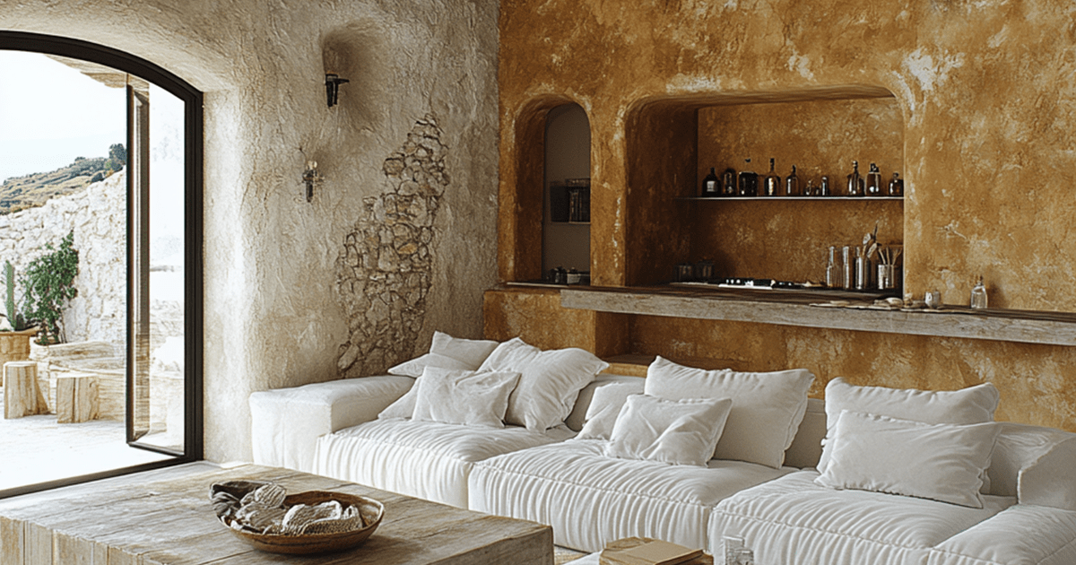 farmhouse living room interior with earthly tones