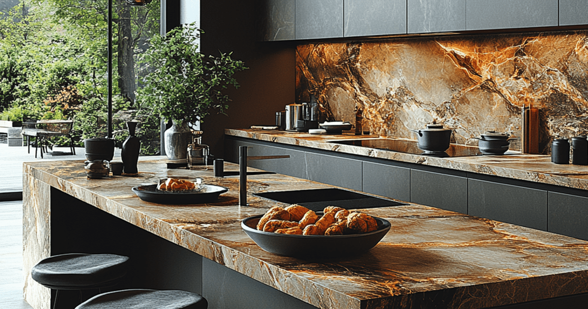 waterfall countertop in 2024 that extends vertically downwards