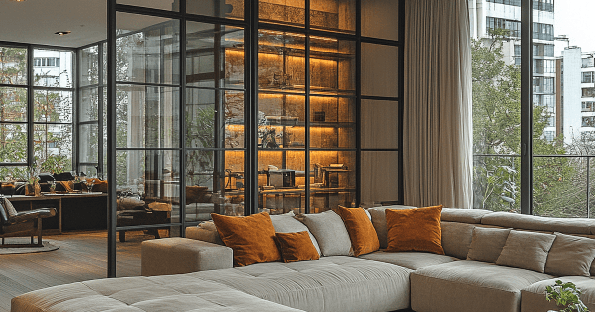 spacious living room layout with partitions using glass partitions